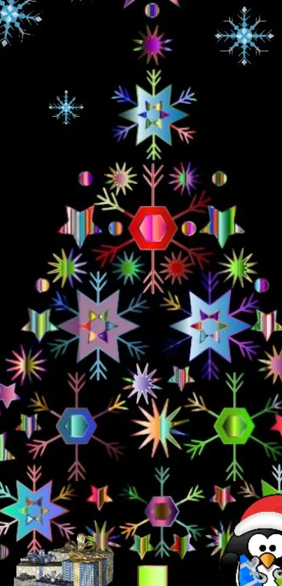 Colorful geometric Christmas tree with a festive penguin on black background.