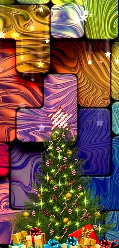 Christmas tree with colorful swirls wallpaper