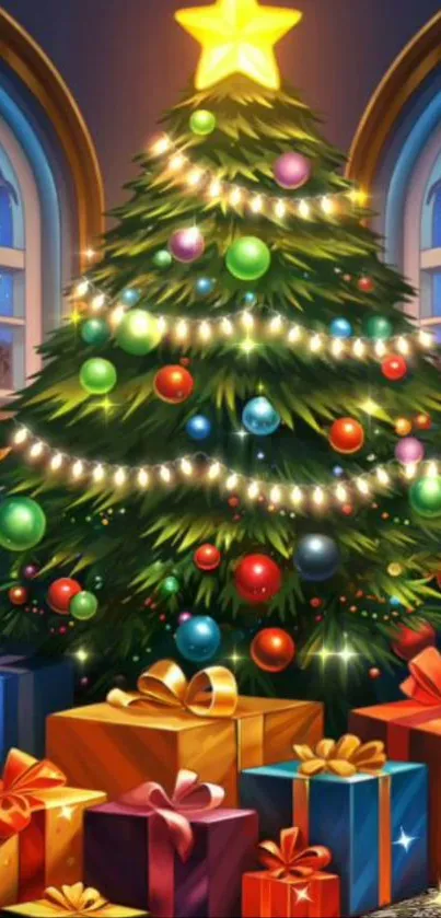 Vibrant Christmas tree with star, ornaments, and gifts in cozy room.