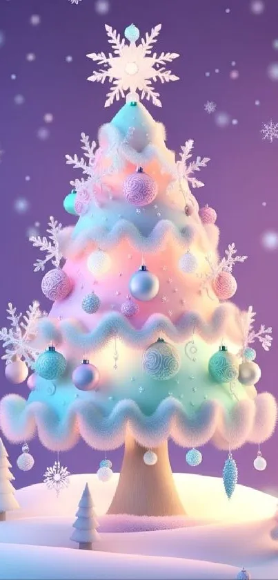 Festive pastel Christmas tree with decorations on snow.