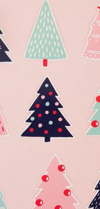 Colorful Christmas trees on a pink background wallpaper.