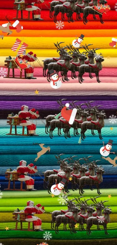 Vibrant Christmas wallpaper with Santa, reindeer, and colorful festive stripes.