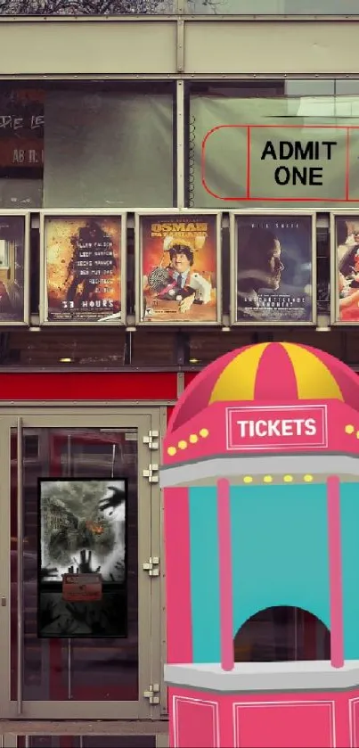 Vibrant cinema ticket booth with colorful art and vintage cinema background.