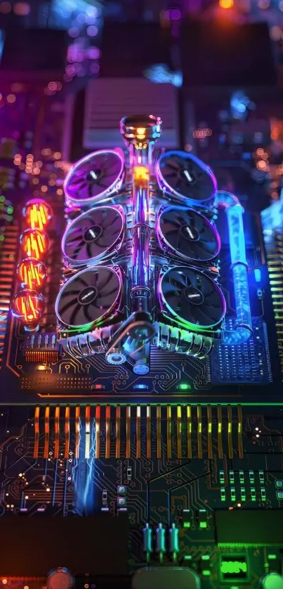 Colorful circuit board with neon lights.