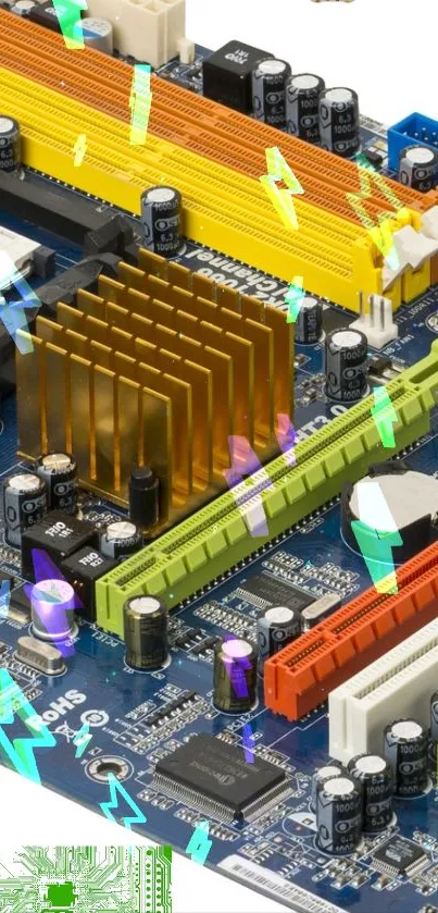 Vibrant and colorful circuit board wallpaper with electronic components.