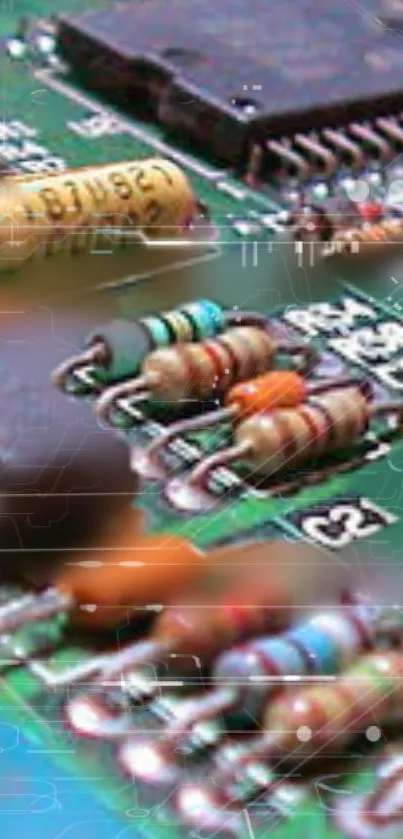 Closeup of a colorful circuit board showcasing various electronic components.