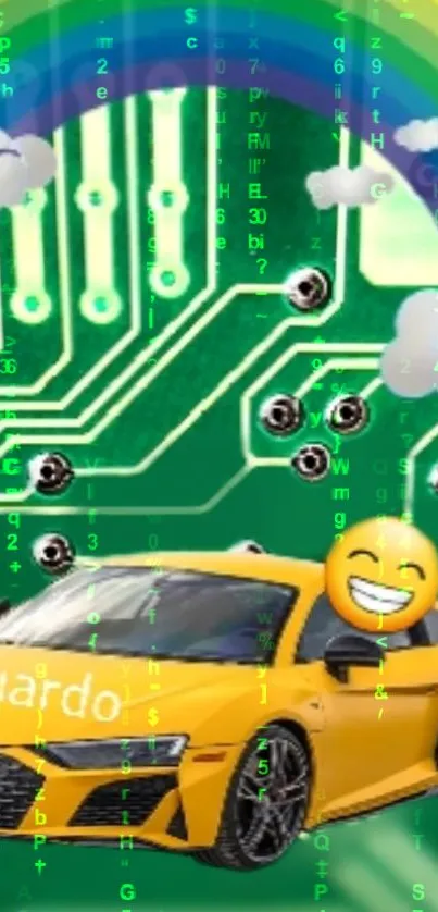 Vibrant phone wallpaper with yellow car, green circuit board, and rainbow elements.