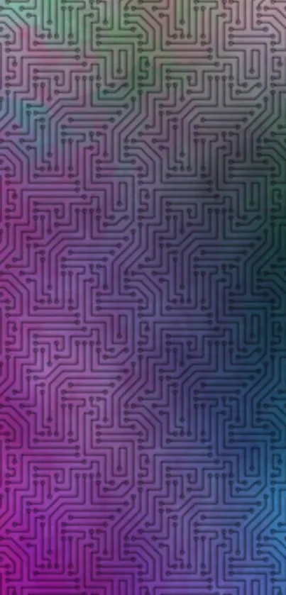 Vibrant circuit pattern wallpaper with magenta, blue, and green hues.