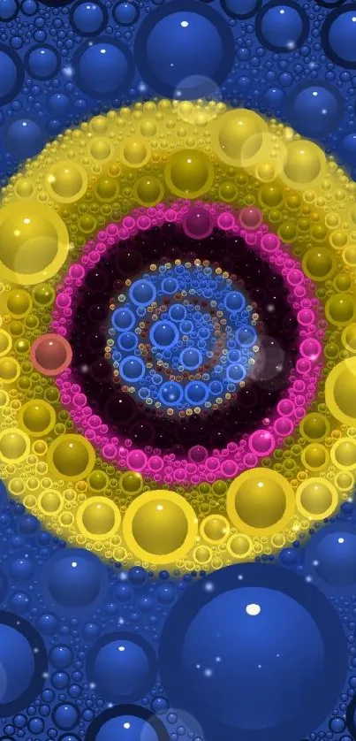 Colorful circular bubbles on blue background.
