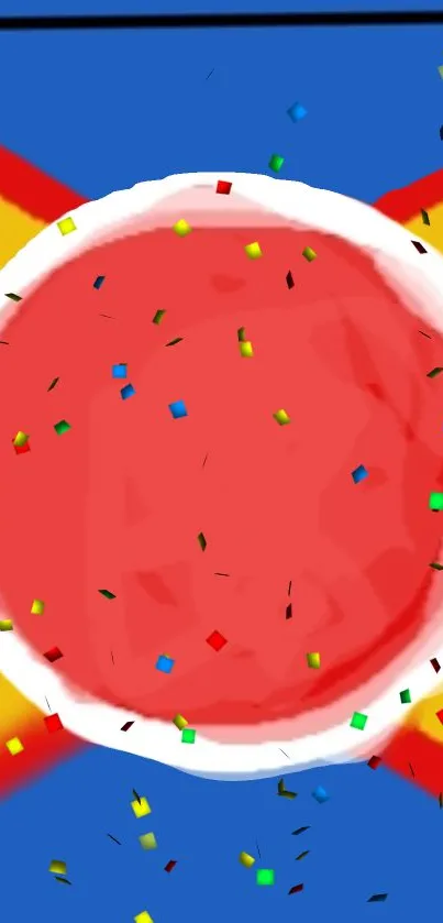 Colorful wallpaper with a red circle, confetti, and blue-yellow background.