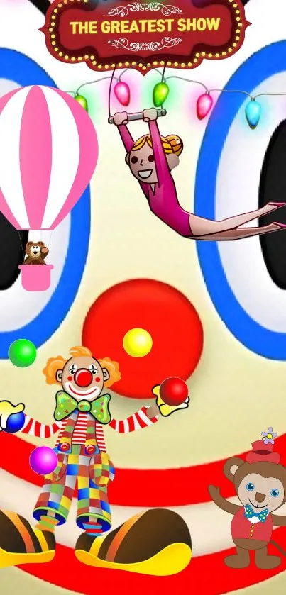 Colorful circus wallpaper with clowns and acrobats.