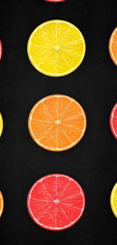 Colorful citrus slices on dark background wallpaper.