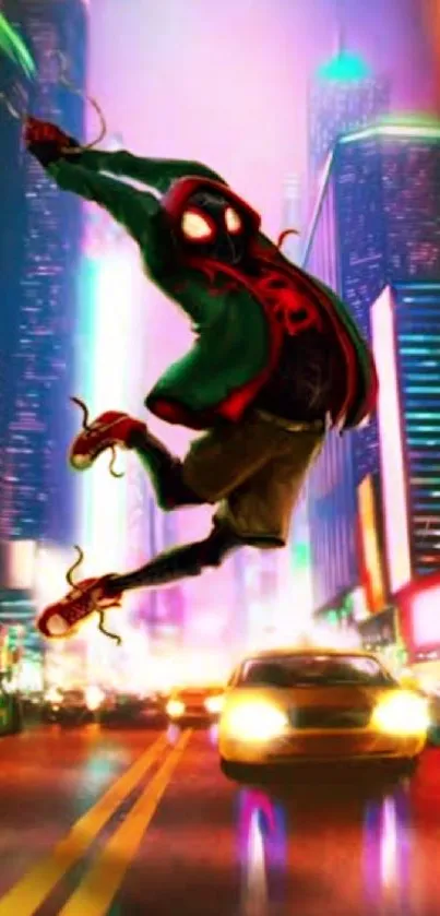 Vibrant Spider-Man jumps in a colorful cityscape.