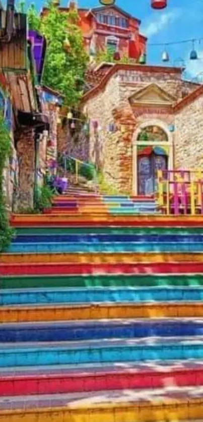 Vibrant, colorful staircase under a blue sky, lined with stone buildings.