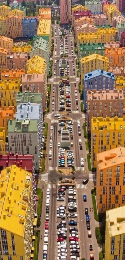 Aerial view of colorful city with vibrant buildings and streets, perfect for wallpaper.