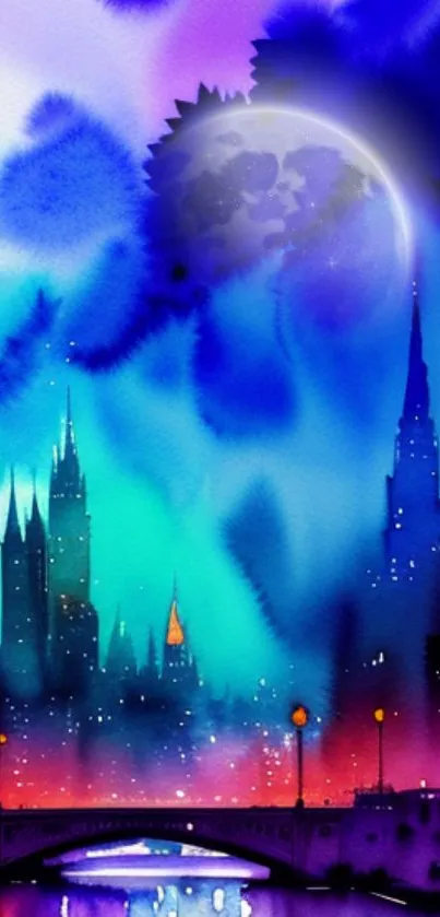 Vivid watercolor cityscape under a mystical night sky.