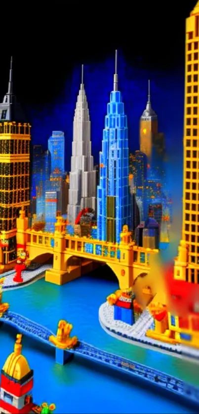 Colorful LEGO cityscape with intricate buildings and a bridge.