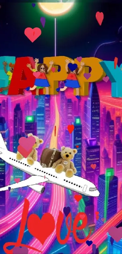 Colorful cityscape with teddy bears on a plane and love text.