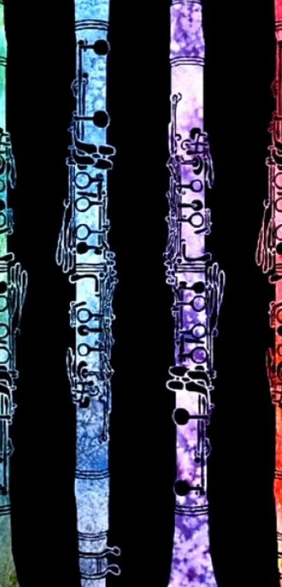 Four colorful clarinets on black background.