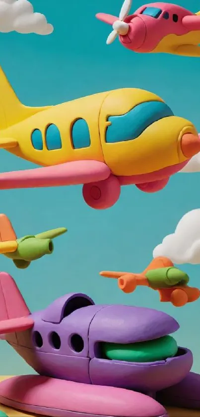 Vibrant clay airplanes in a clear blue sky