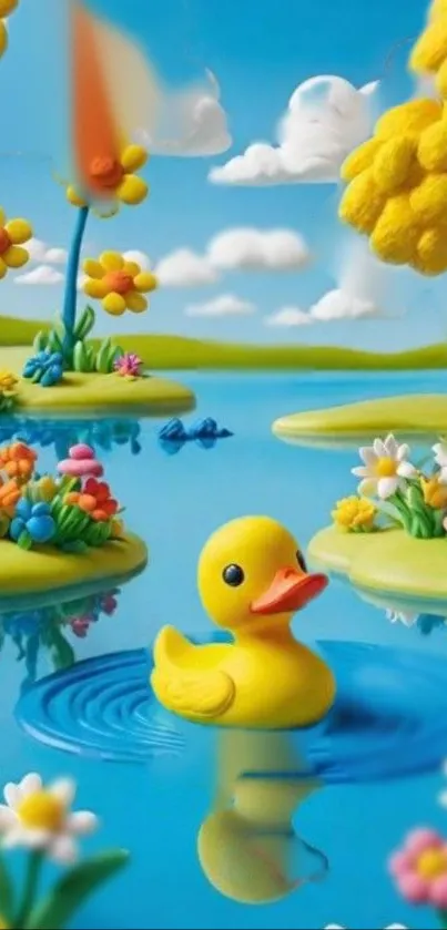 Clay duck floating in colorful flower pond.