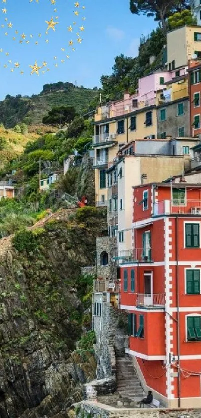 Colorful cliffside village by the sea with vibrant architecture and scenic views.