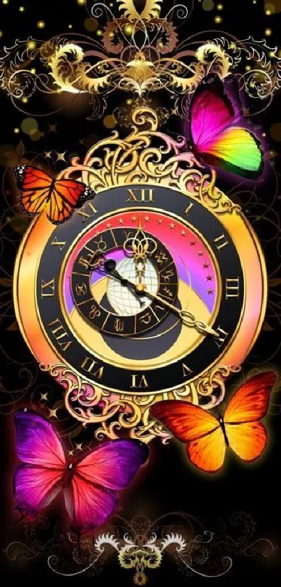 Vibrant wallpaper with decorative clock and butterflies.