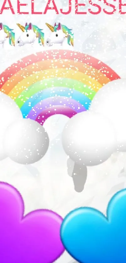 Mobile wallpaper with a rainbow, clouds, and hearts on a sky background.