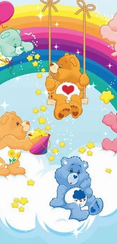 Cartoon bears on rainbow and clouds, colorful wallpaper.