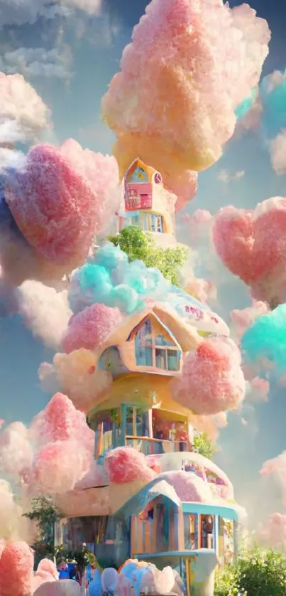 Whimsical cloud house with colorful cotton candy sky in a fantasy setting.