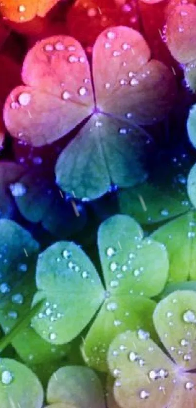 Colorful clover leaves with rainbow hues and dewdrops on a mobile wallpaper.