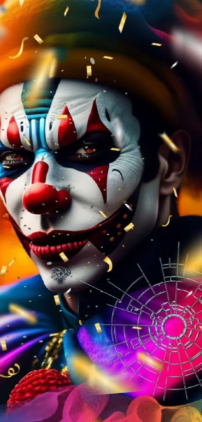 Vibrant clown face in colorful artistic style.