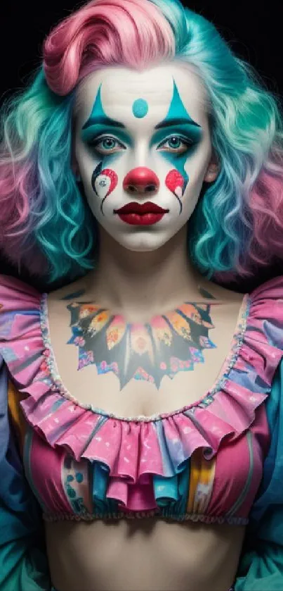 Colorful clown with pastel makeup in vibrant attire.