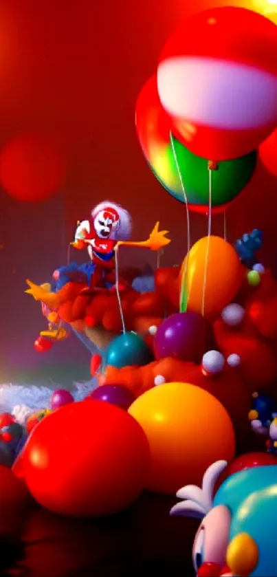 Colorful clown with balloons, vibrant fantasy scene.