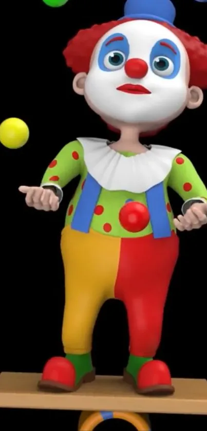 Colorful clown balancing in a circus scene.