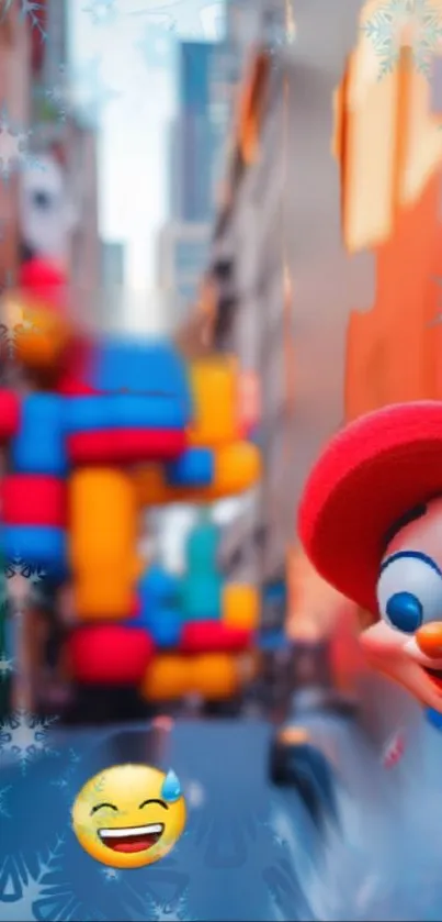 Colorful clown with urban backdrop on mobile wallpaper.