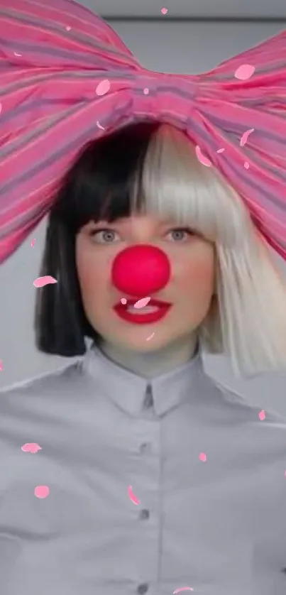 Person in colorful clown costume with a large pink striped bow.