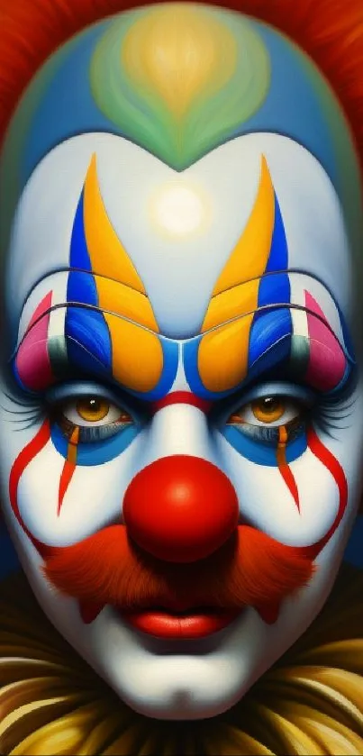 Vibrant and colorful clown face art wallpaper with dramatic design.