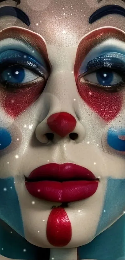 Vibrant colorful clown face art with bold makeup.