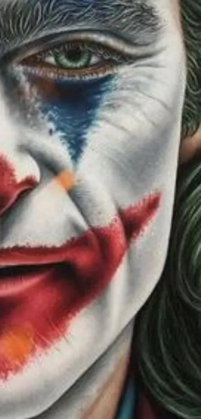 Colorful clown face with red, blue paint.