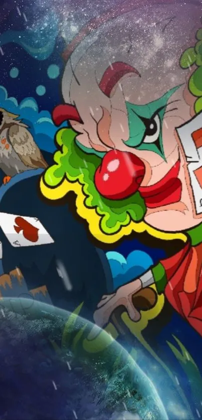 Colorful cartoon clown holding cards on a cosmic fantasy background.