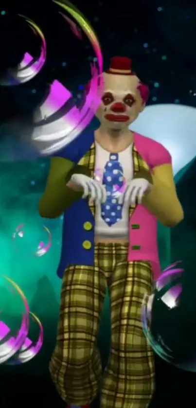 Colorful clown with bubbles in a fantasy scene.