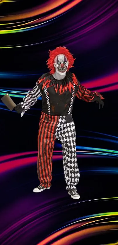 Colorful clown with neon swirl background wallpaper.