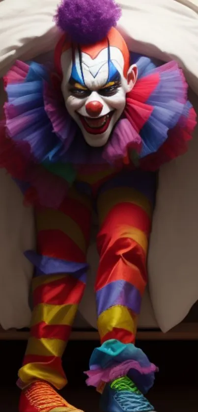 Colorful clown peeking out with vibrant attire.