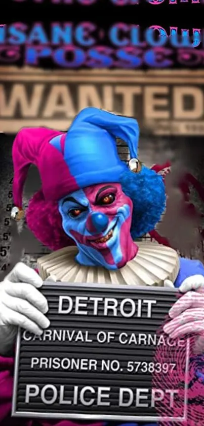 Colorful clown mugshot wallpaper with pink and blue hues.