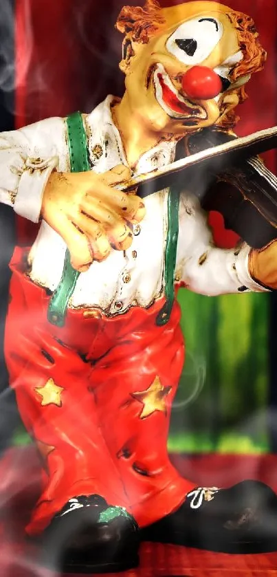 Colorful clown playing the violin against a vibrant background.