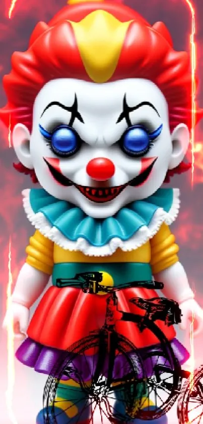 Colorful toy clown with bicycle on mobile wallpaper.