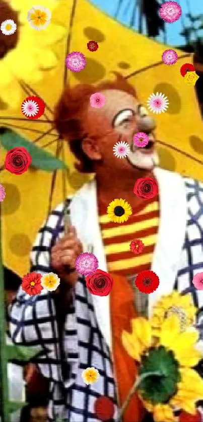 Colorful clown with sunflowers and polka-dot umbrella.