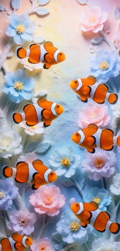 Colorful wallpaper with clownfish and pastel flowers.