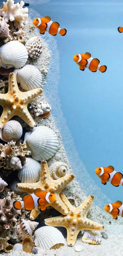 Clownfish swimming near seashells and coral in an aquarium backdrop.